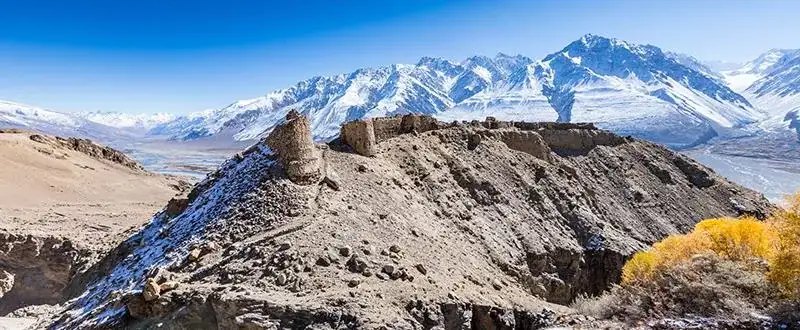 Fortress remains overlooking a wide Pamir river valley